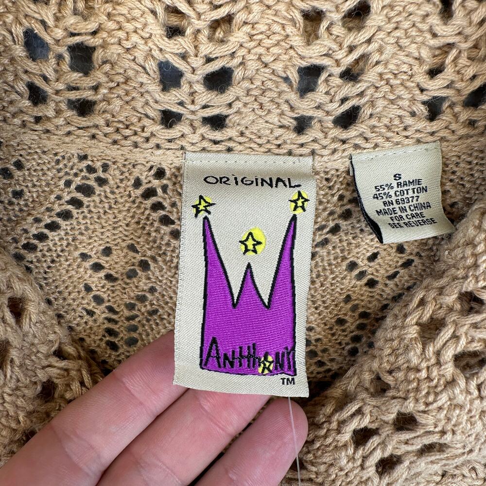 Vintage Antthony Original Sweater Womens Small Tan Crochet One-Button Cardigan - Picture 10 of 16